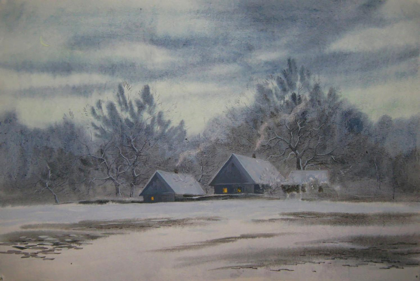 Watercolor painting of snow-covered winter village by Valery Savenets