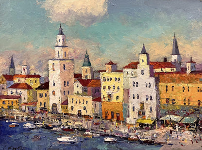 Vibrant impressionist oil painting of Italian coastal town by Serhiy Rybak