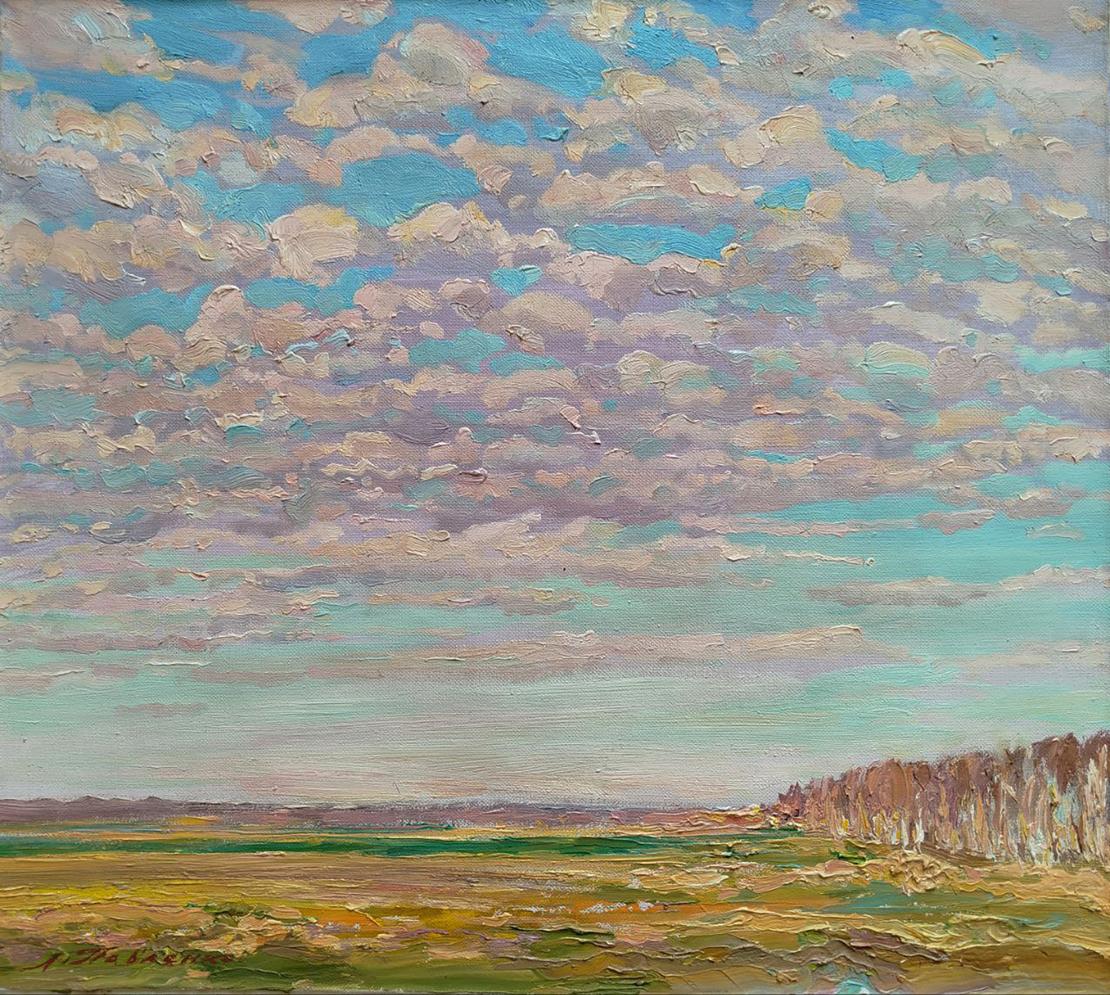 Oil painting Spring expanses of fields by Leonid Pavlenko with blue clouds
