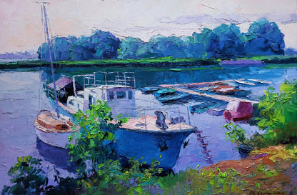 Oil painting Ferry by Boris Serdyuk: vibrant blue sailboat amid green foliage