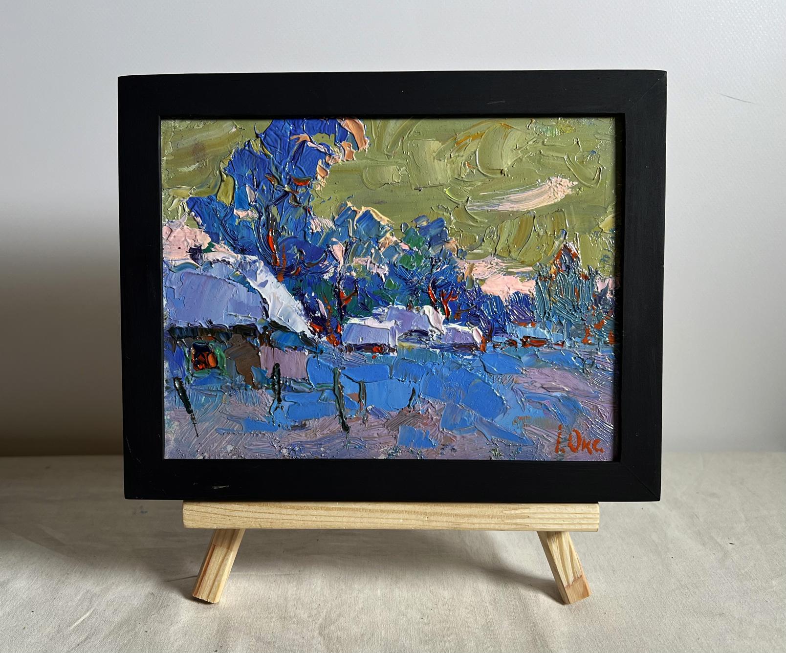 Oil painting Snowy village by Oksana Ivanyuk in black frame