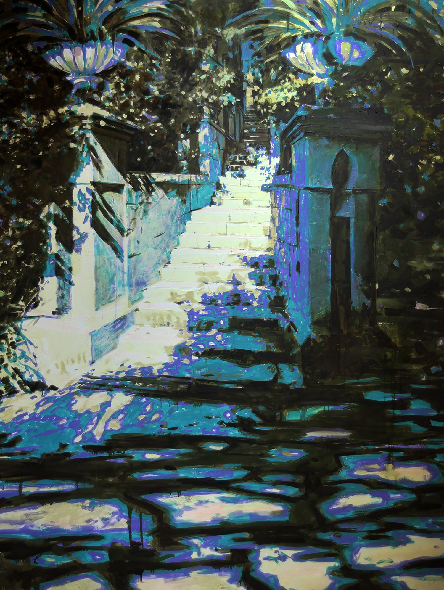Oil painting Midday by Ed Potapenkov: blue white stone path in lush tropical garden