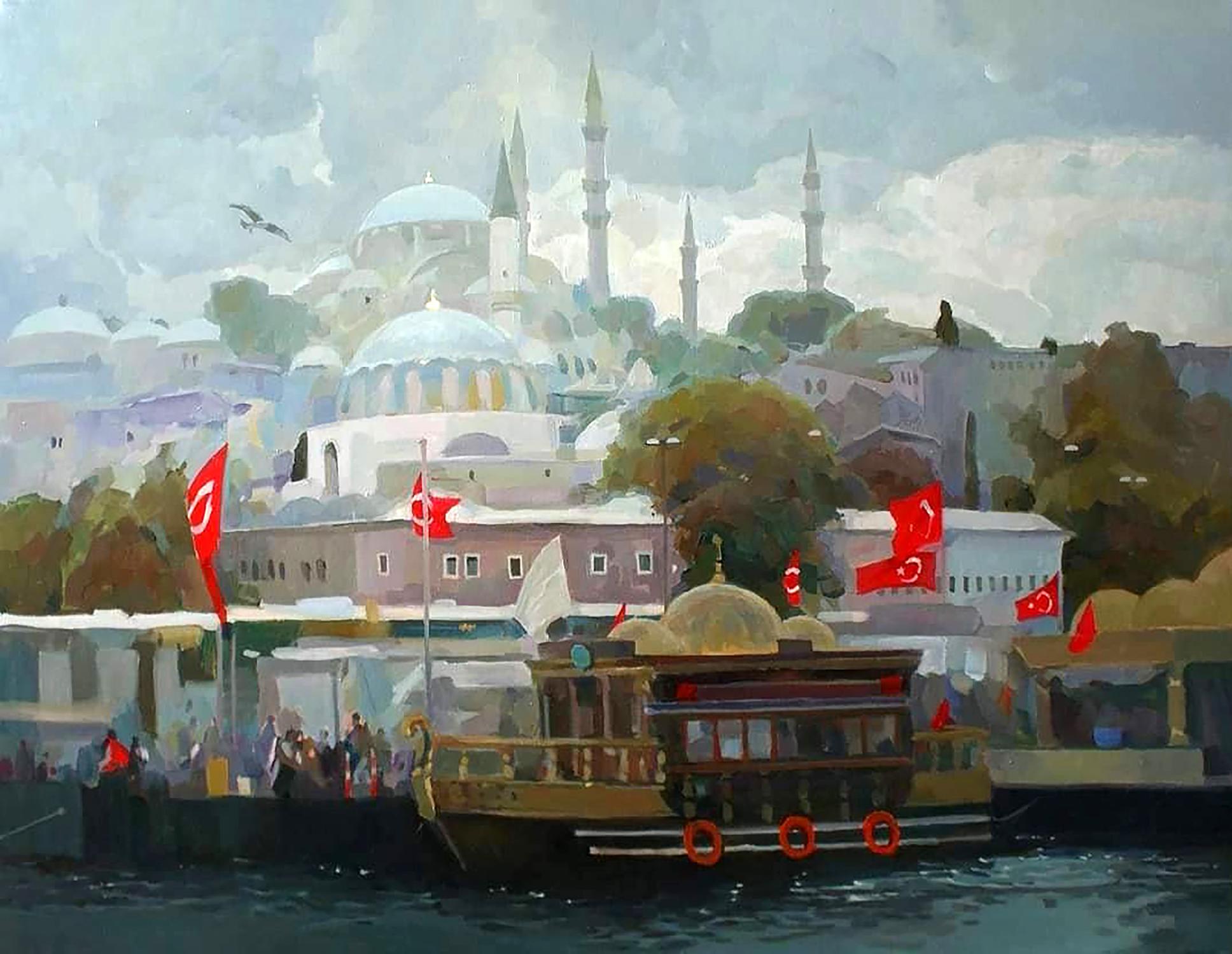 Oil painting Silver day by Anastasia Yaroshevich: wooden tour boat with red lifebuoys, Turkish flags