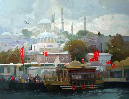 Oil painting Silver day by Anastasia Yaroshevich: wooden tour boat with red lifebuoys, Turkish flags