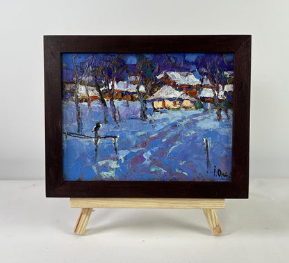 Oil painting Moonlight winter light by Oksana Ivanyuk, framed snowy houses and trees
