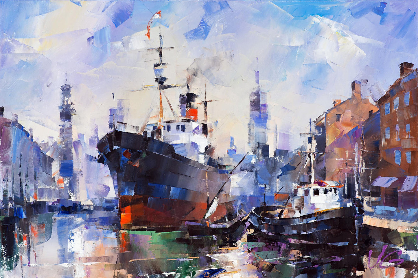 Oil painting New contours Volodymyr Gluhomanyuk dark ship in harbor