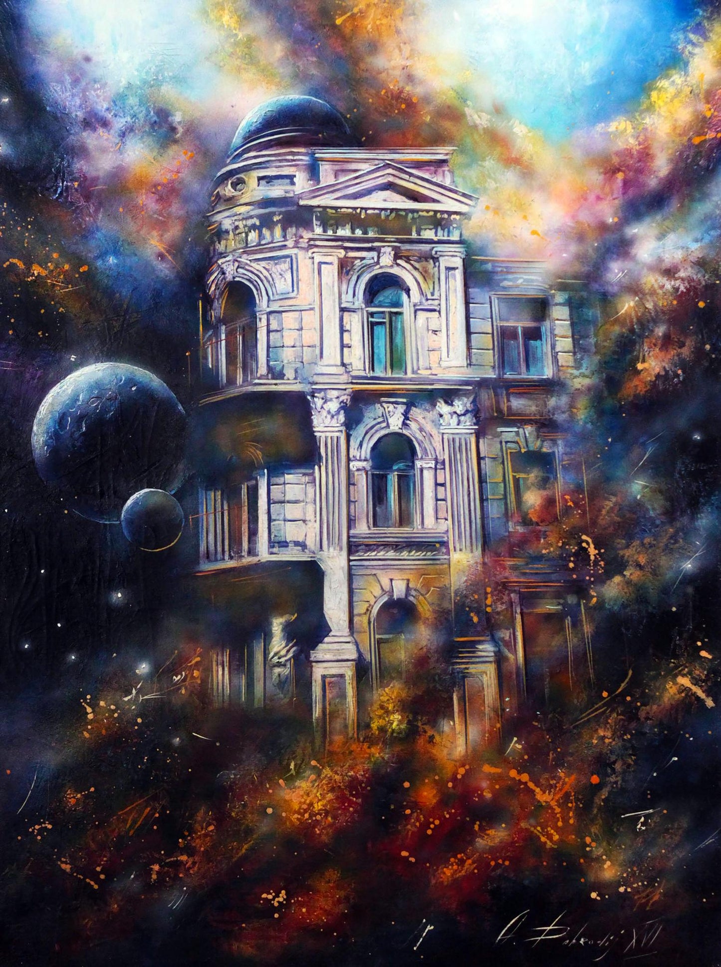 Oil painting Evening city by Alexander Dobrodiy with cosmic mansion