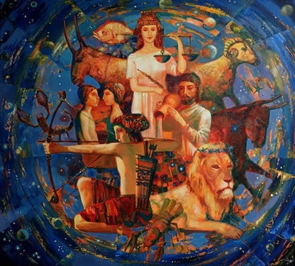 Abstract zodiac oil painting by Anatoly Tarabanov with scales and cosmic symbols