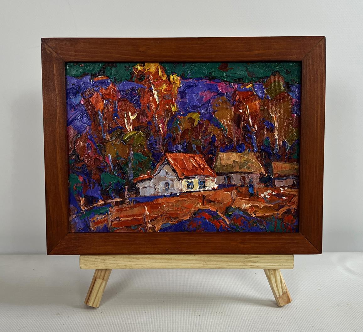 Vibrant impressionist oil painting Autumn night in the village by Oleksiy Ivanyuk in dark wooden frame