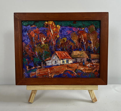 Vibrant impressionist oil painting Autumn night in the village by Oleksiy Ivanyuk in dark wooden frame