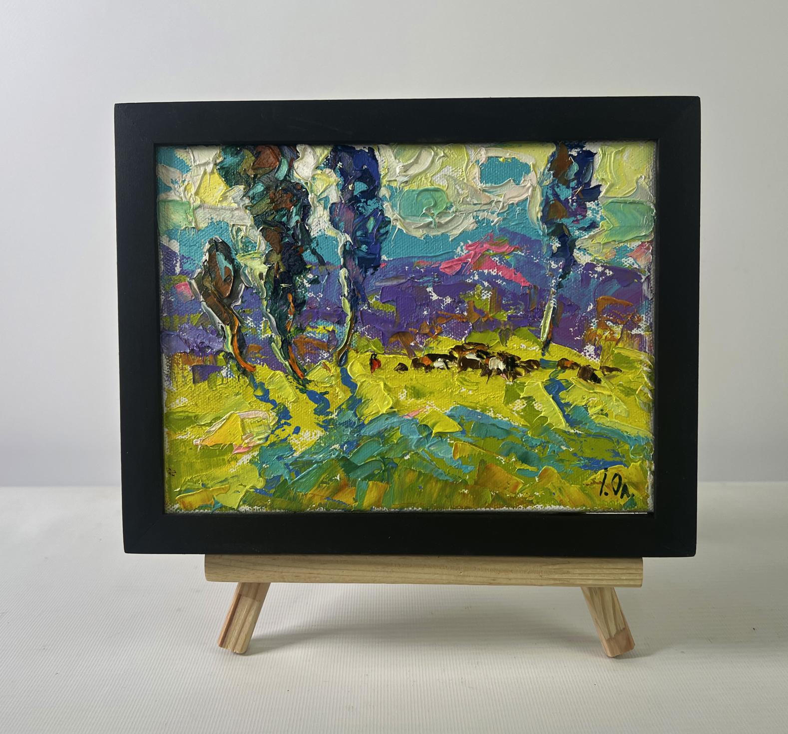Oil painting Poplars above the path in fog by Oleksiy Ivanyuk, framed