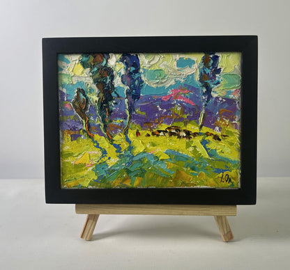 Oil painting Poplars above the path in fog by Oleksiy Ivanyuk, framed