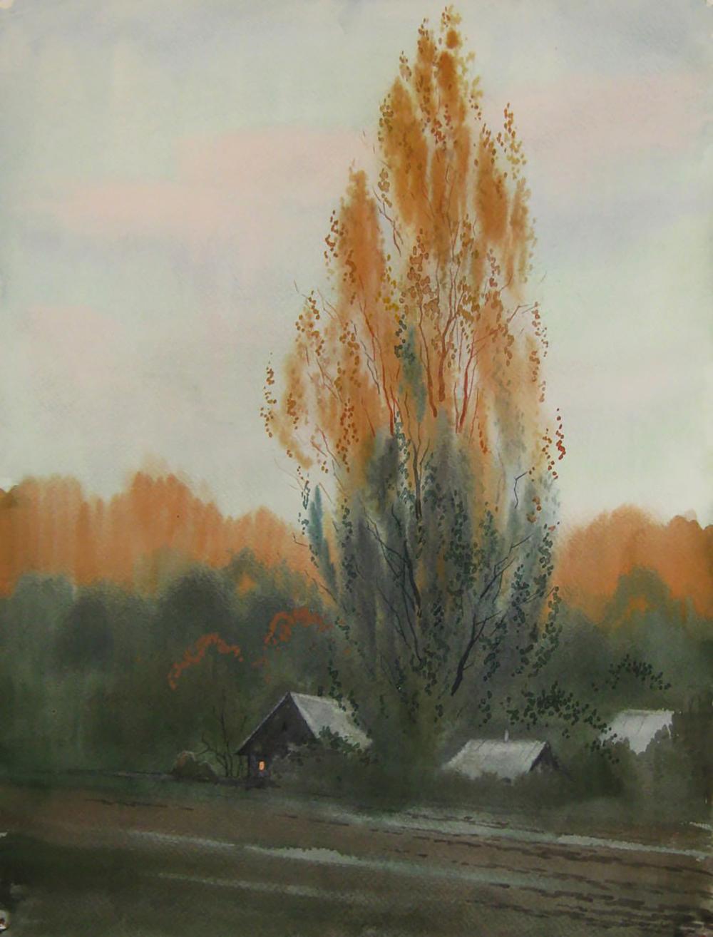 Watercolor painting of tall orange-green tree in evening houses by Valery Savenets