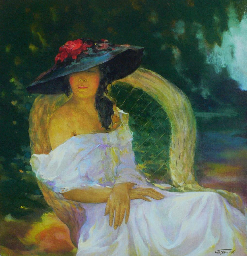 Oil painting of Vasily Korkishko girl in garden on wicker chair