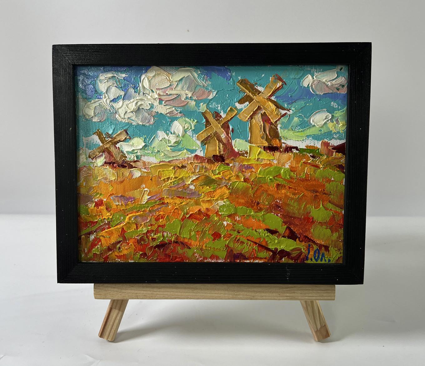 Oil painting Mills outside the village by Oleksiy Ivanyuk on wooden easel