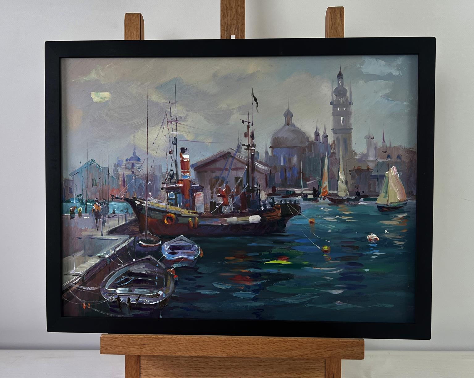 Framed oil painting by Yuriy Suprunchuk of boats at city pier harbor