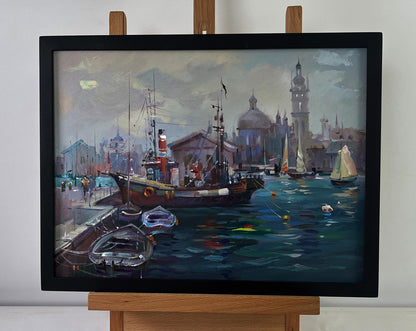 Framed oil painting by Yuriy Suprunchuk of boats at city pier harbor
