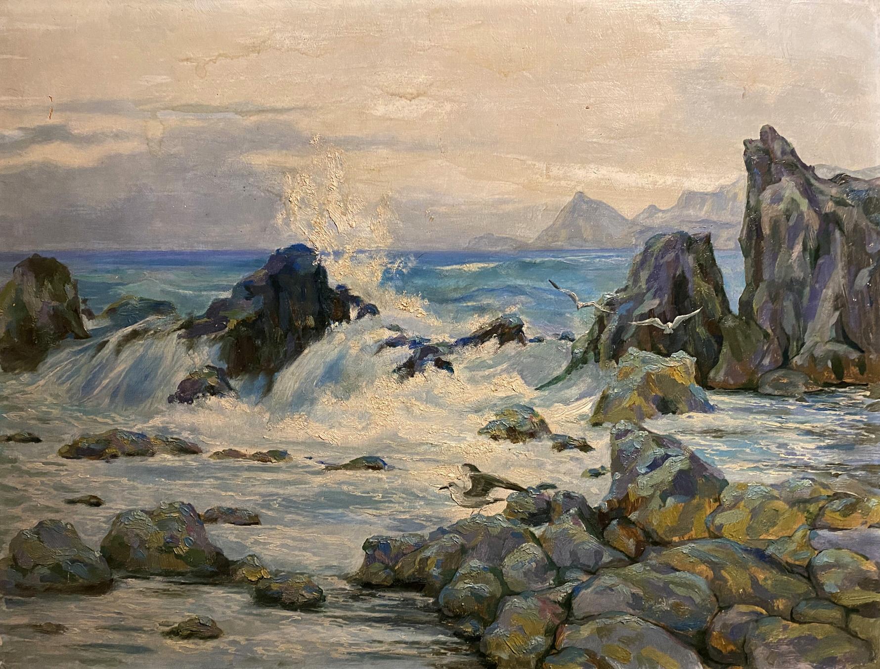 Oil painting Gurzuf by K.P. Inzavicius: turbulent waves crashing on rocks