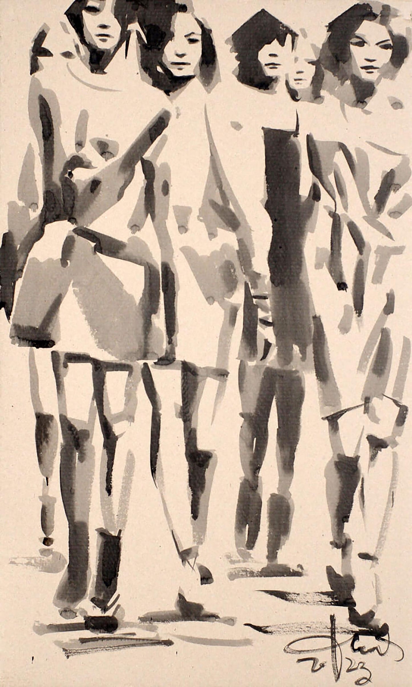 Black and white ink sketch of walking girls by Dima Filatov