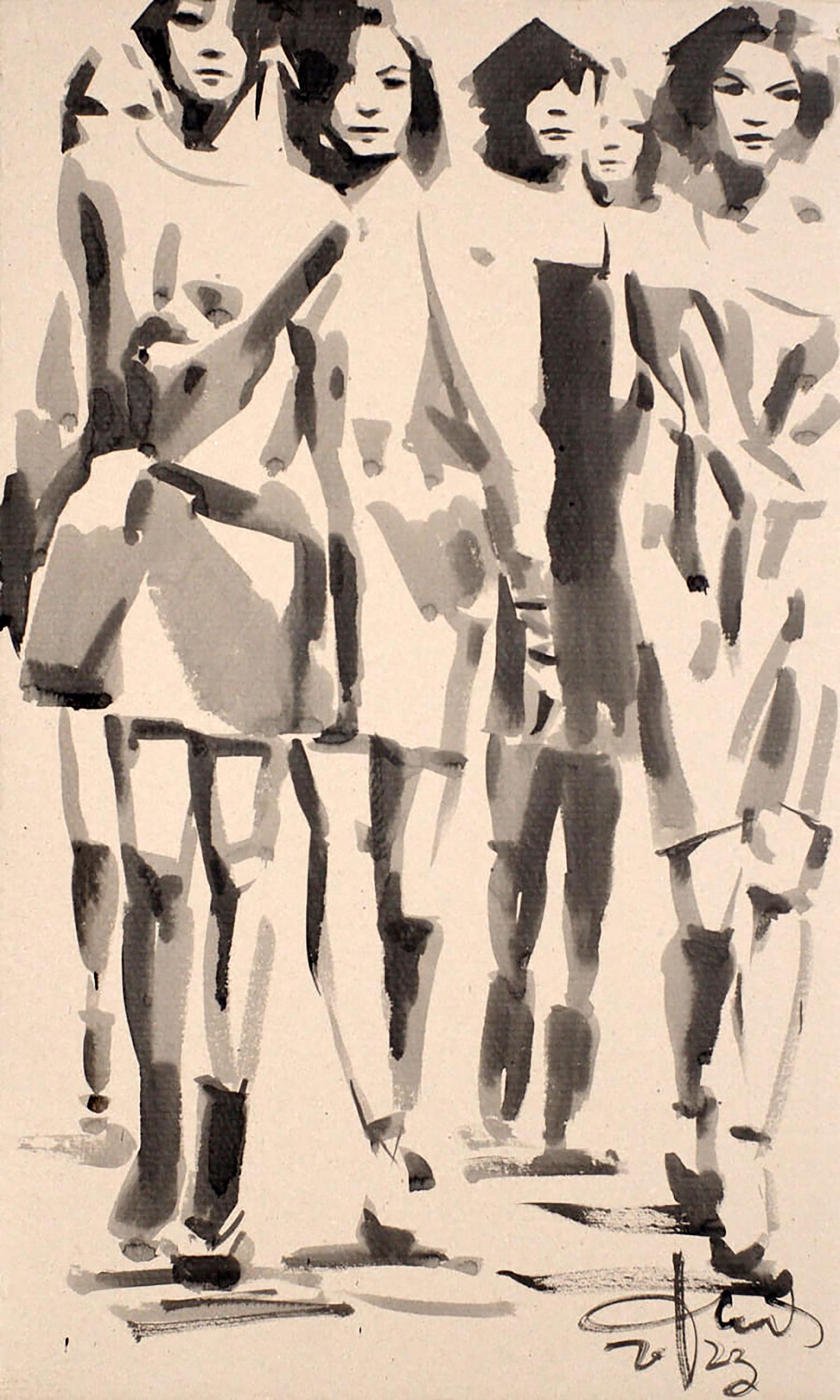 Black and white ink sketch of walking girls by Dima Filatov