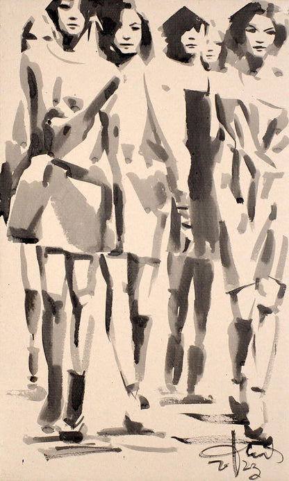 Black and white ink sketch of walking girls by Dima Filatov