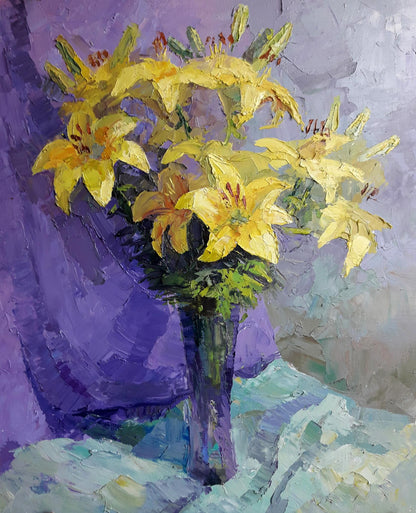 Oil painting of vibrant yellow lilies by Boris Serdyuk in dark green vase