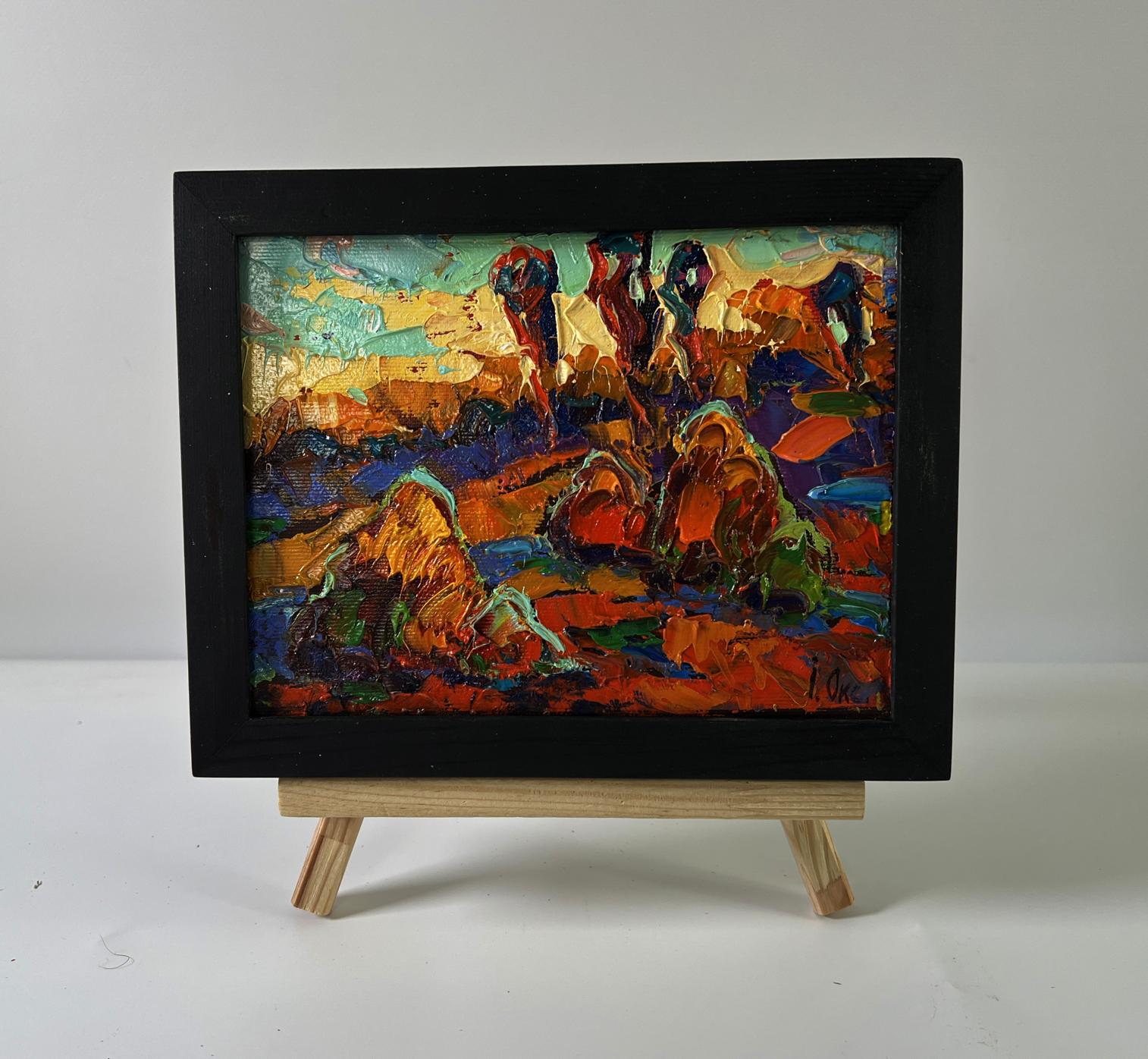 Oil painting Evening of orange rays by Oksana Ivanyuk in black frame