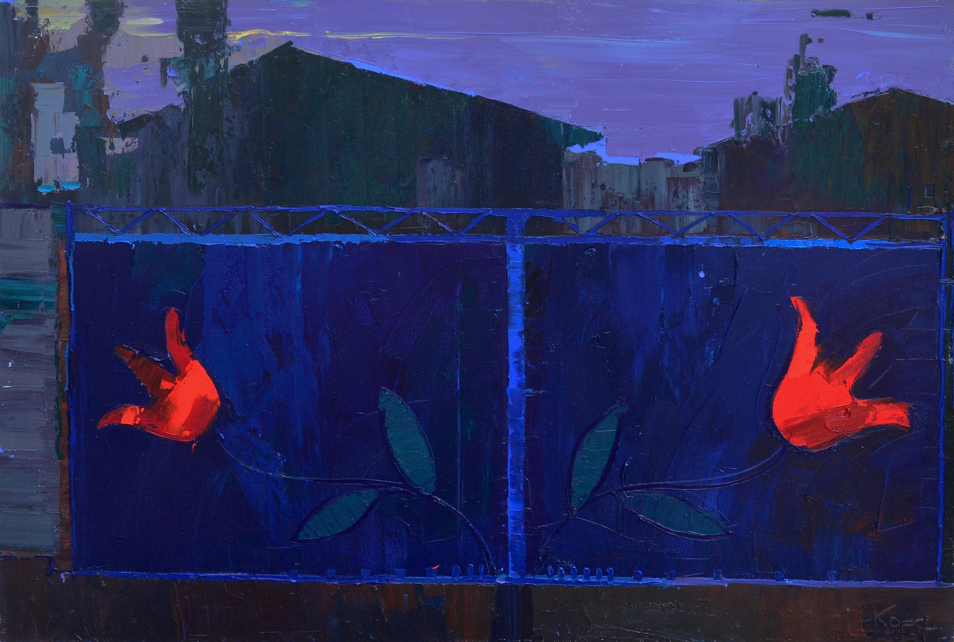 Oil painting of vibrant orange birds on blue panel by Natalia Korf-Ivaniuk