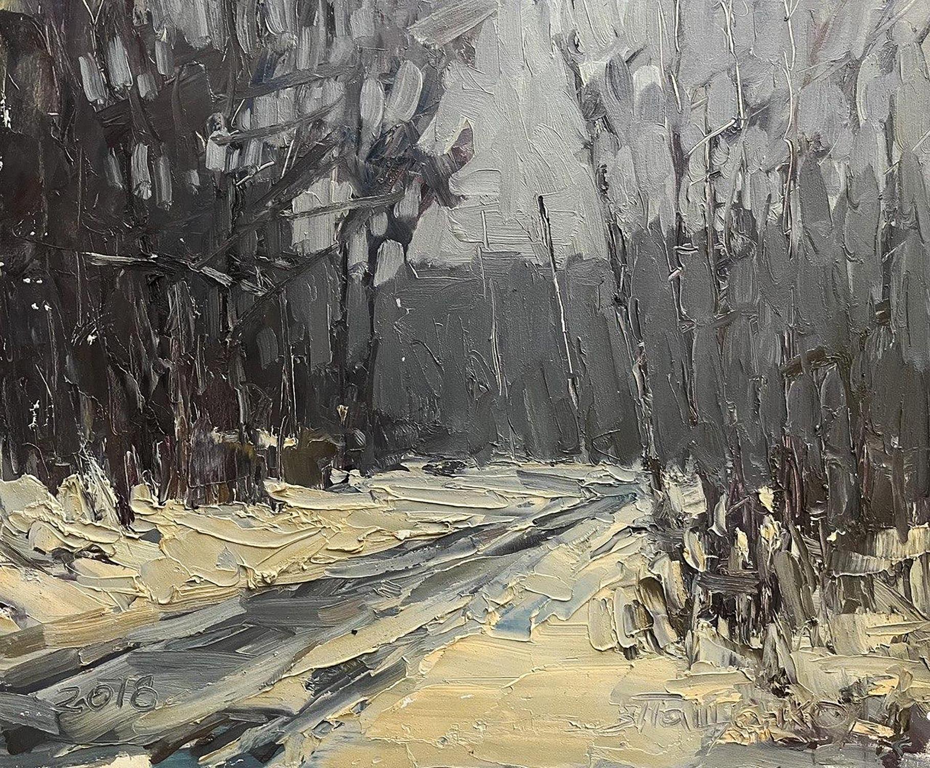 Textured impasto oil painting of snowy forest path by Volodymyr Pashchenko