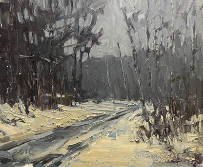 Textured impasto oil painting of snowy forest path by Volodymyr Pashchenko