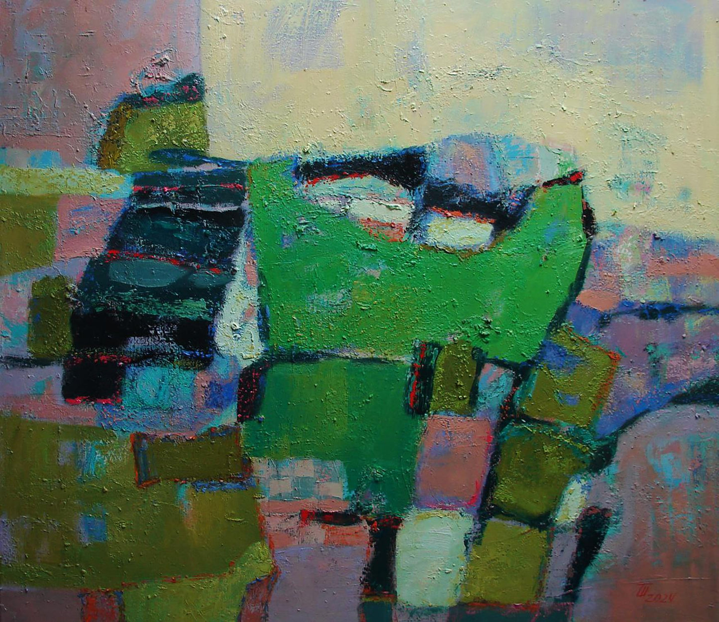 Oil painting Village in the mountains by Tatyana Shulyak abstract green black blue impasto
