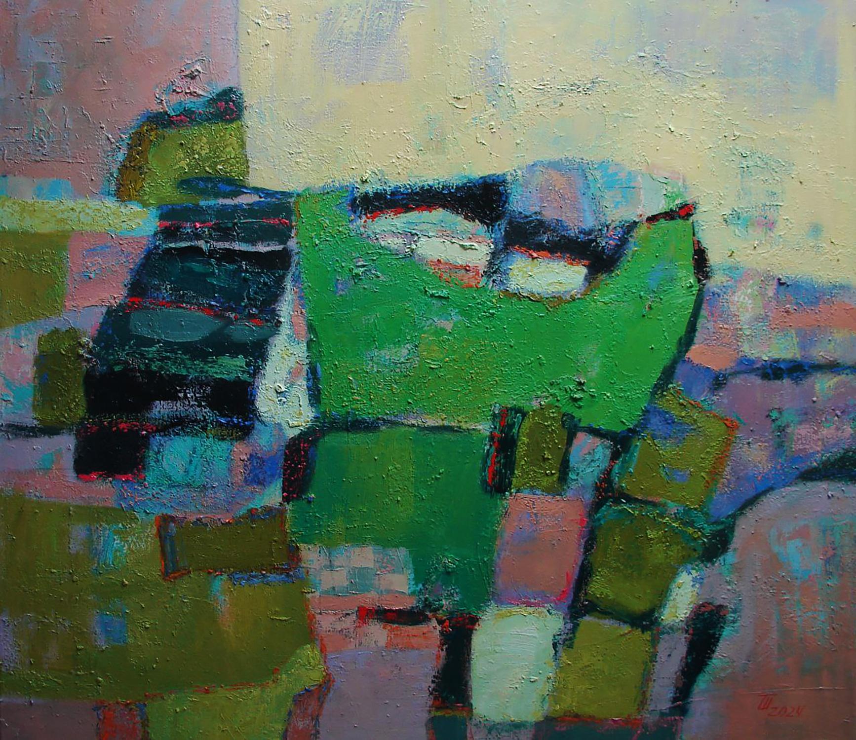 Oil painting Village in the mountains by Tatyana Shulyak abstract green black blue impasto