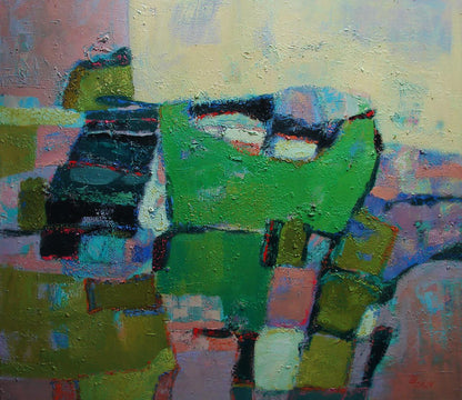 Oil painting Village in the mountains by Tatyana Shulyak abstract green black blue impasto