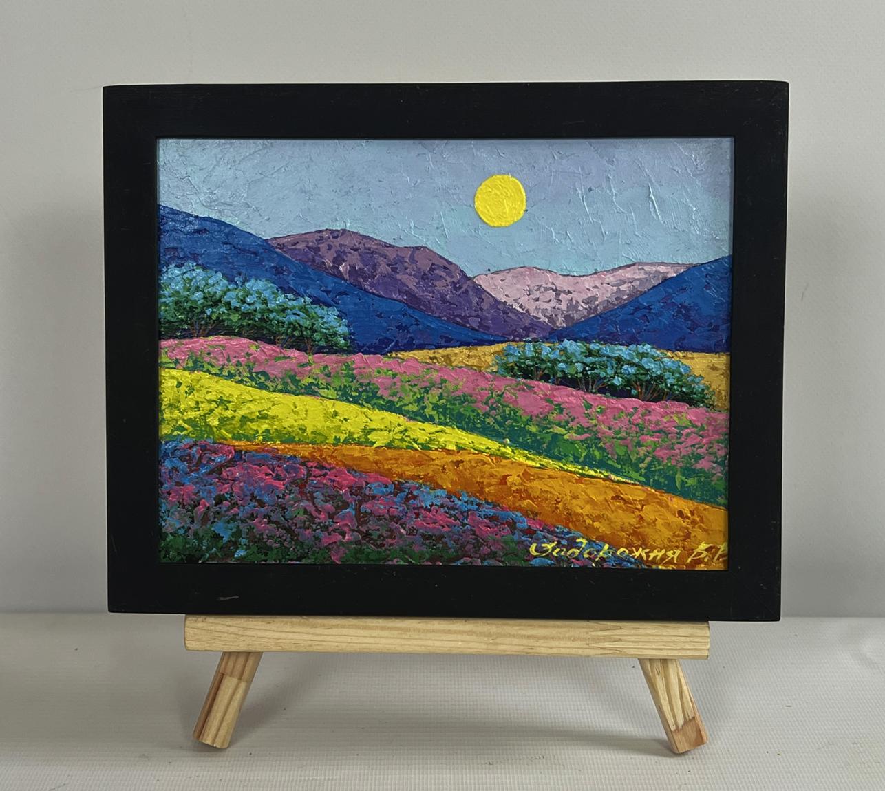 Oil painting by V. Zadorozhnya: vibrant purple hills and fields under yellow sun
