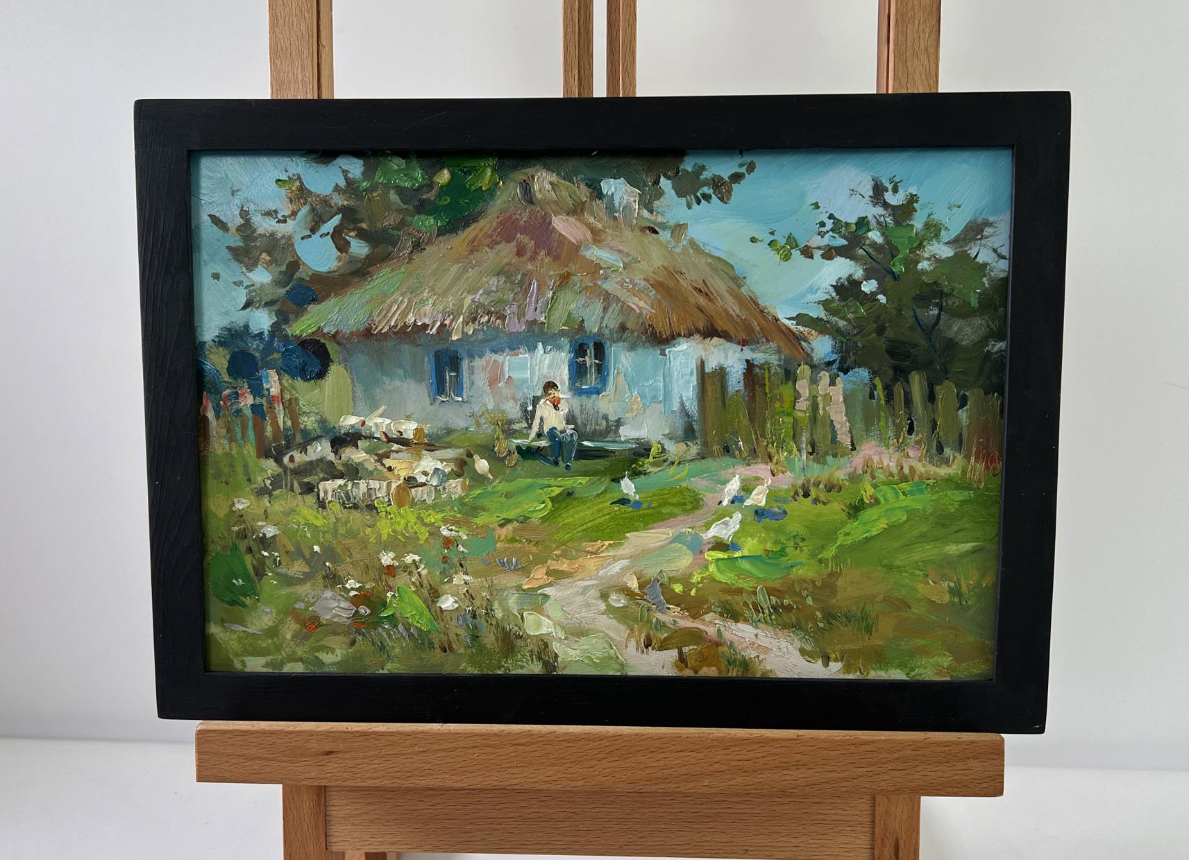 Oil painting Thoughts on the Bench by Yuriy Suprunchuk: rustic thatched cottage