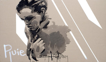 Monochromatic ink wash portrait by Dima Filatov on textured paper