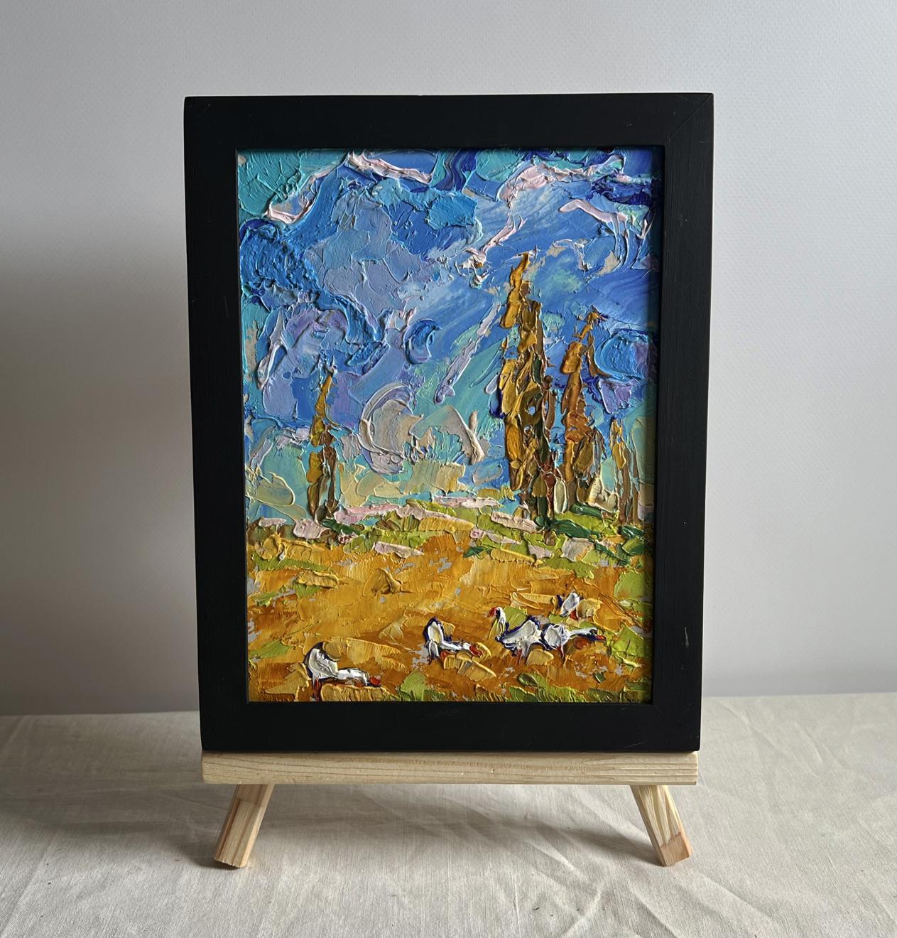 Oil painting Geese in the autumn steppes by Oleksiy Ivanyuk in black frame