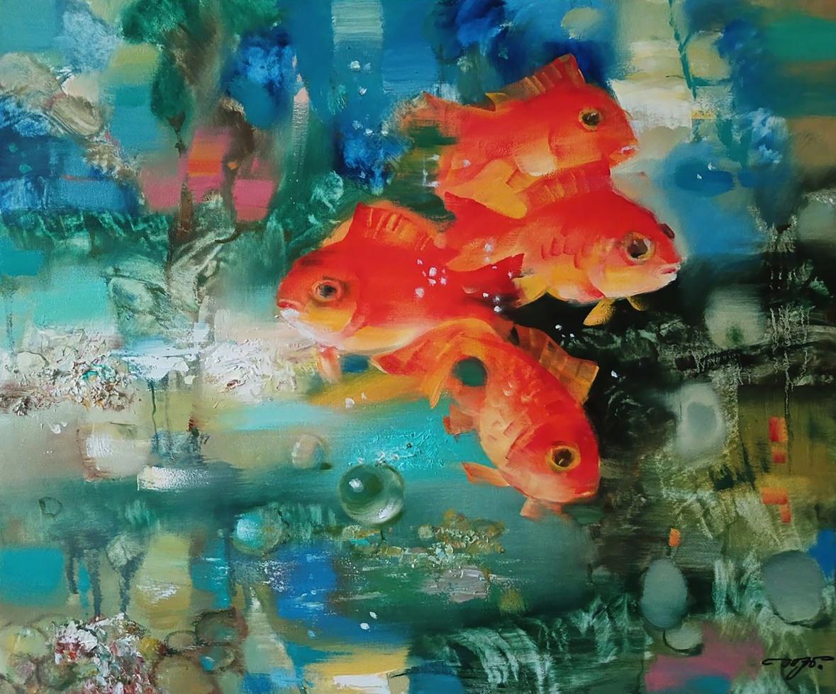 Abstract oil painting of vibrant orange goldfish by Anatoly Tarabanov