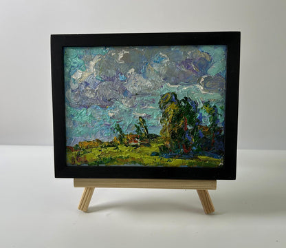 Oil painting Floating clouds by Oksana Ivanyuk: teal gray green landscape