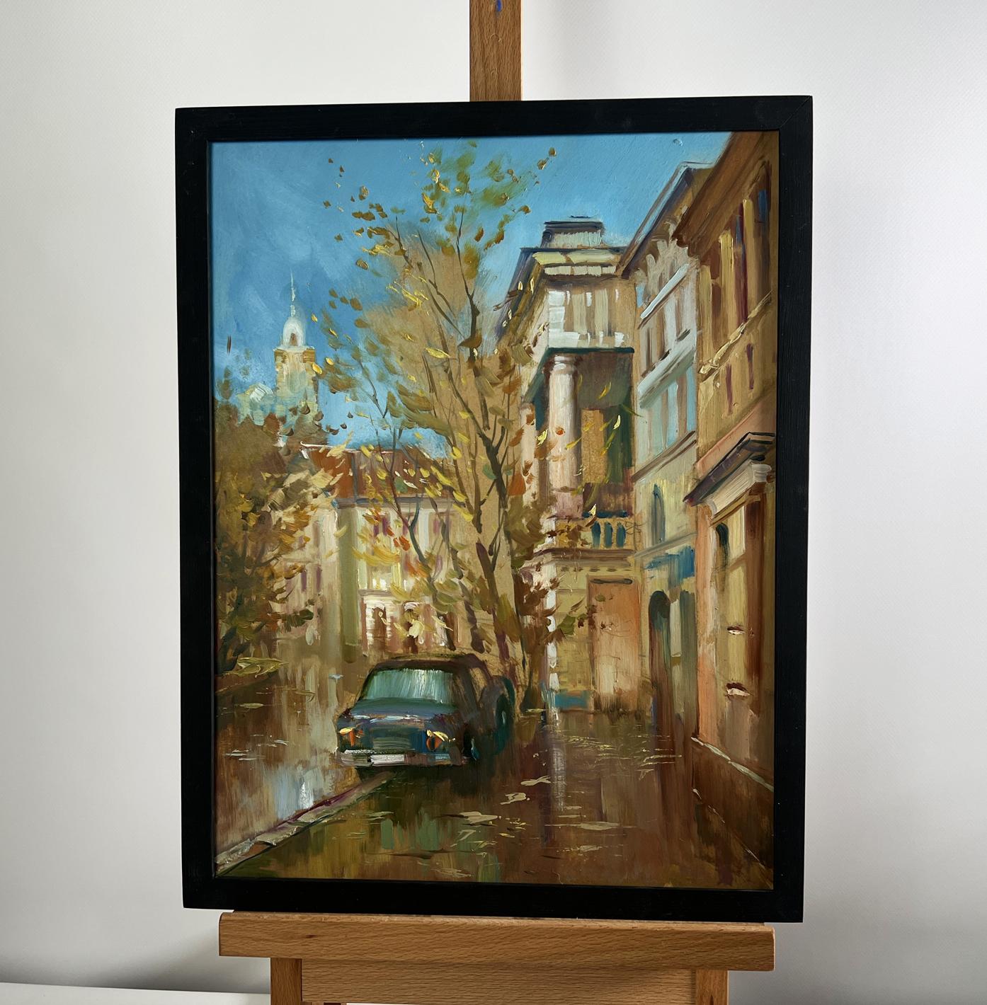 Oil painting Autumn in the Old Quarter by Yuriy Suprunchuk rainy street scene