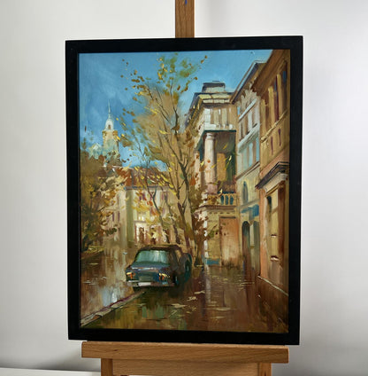 Oil painting Autumn in the Old Quarter by Yuriy Suprunchuk rainy street scene