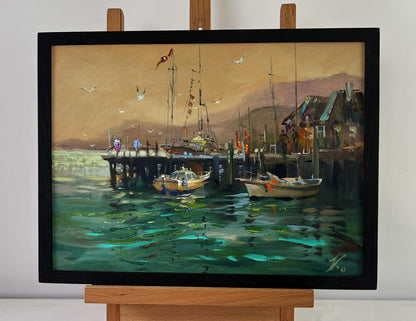 Framed oil painting of yachts in sea under gentle sun by Yuriy Suprunchuk