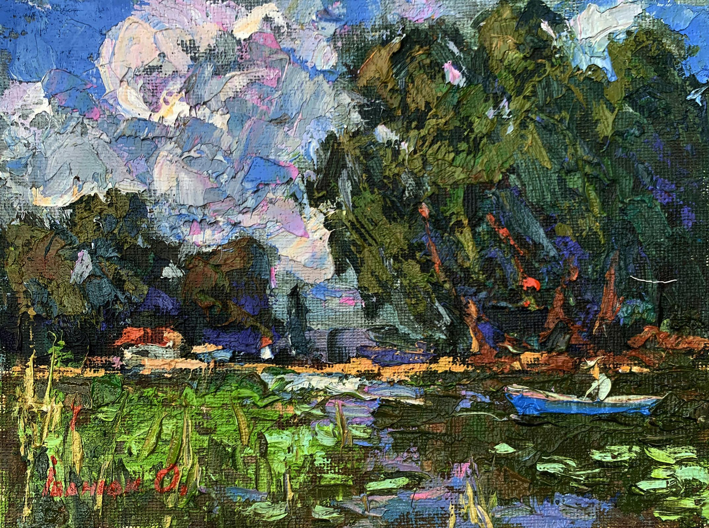 Oil painting by Ivanyuk Oleksiy: blue rowboat on lily pads under vibrant sky