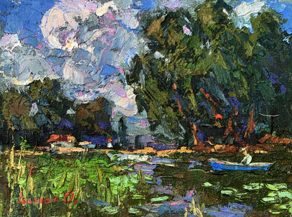 Oil painting by Ivanyuk Oleksiy: blue rowboat on lily pads under vibrant sky