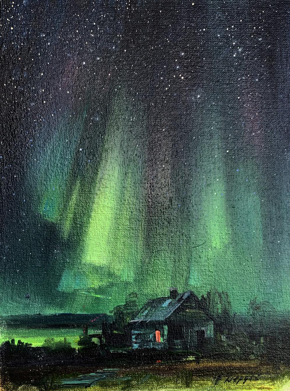 Oil painting Northern lights Tatyana Derdey: rustic cabin under green aurora