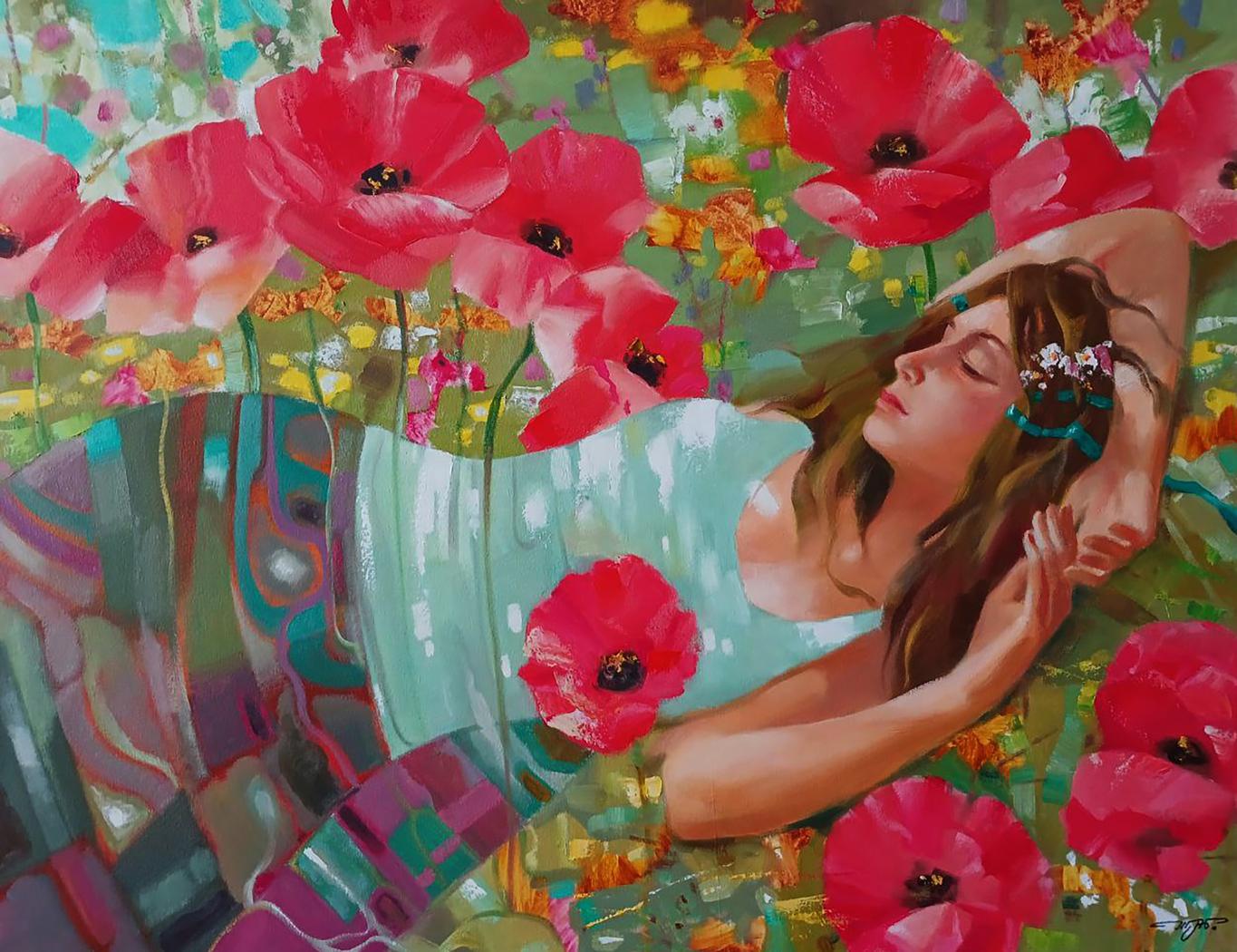 Abstract oil painting of woman in blue top among red poppies by Anatoly Tarabanov