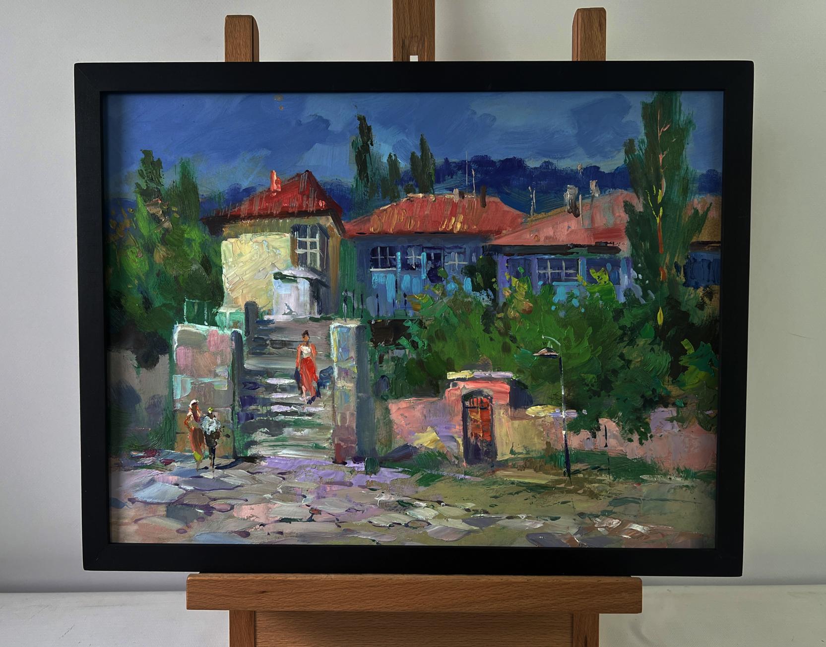 Framed oil painting of old city buildings with stairs by Yuriy Suprunchuk