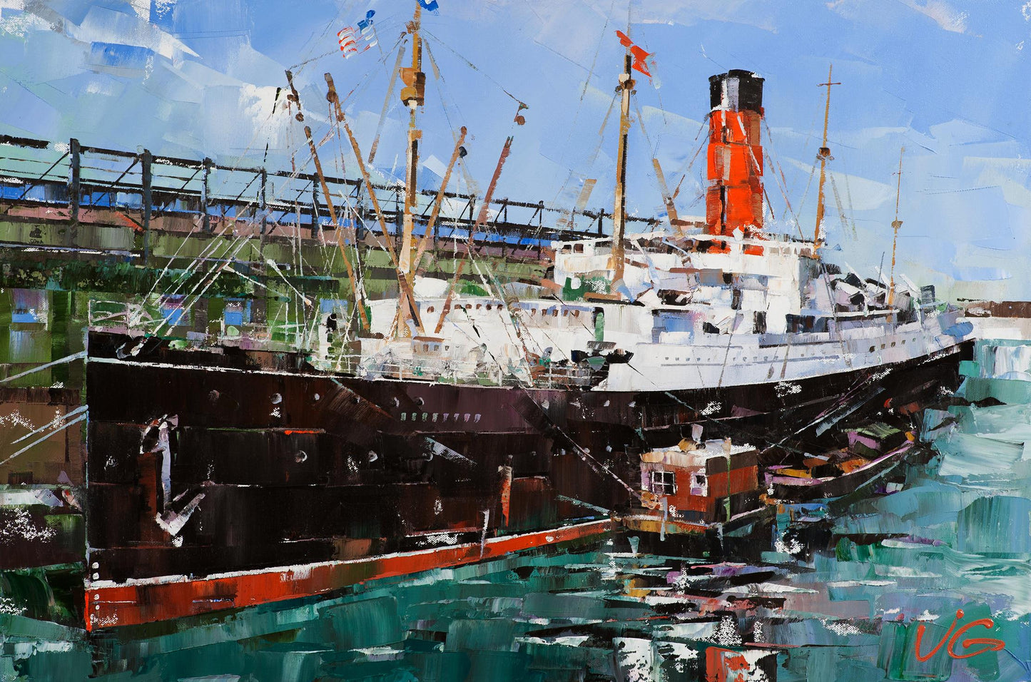 Oil painting of RMS Carpathia by Volodymyr Gluhomanyuk at port