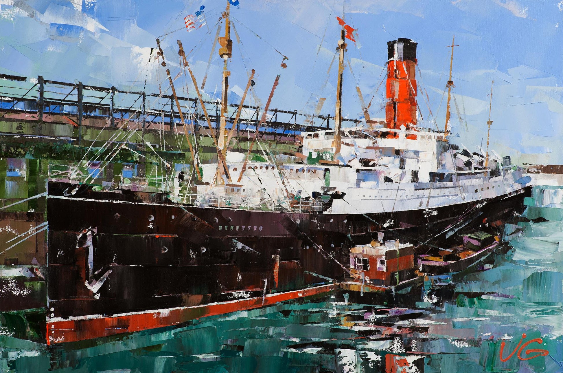Oil painting of RMS Carpathia by Volodymyr Gluhomanyuk at port