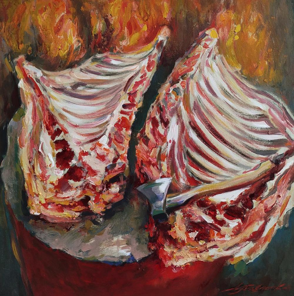 Two raw ribbed lamb racks by Leonid Pavlenko, acrylic painting